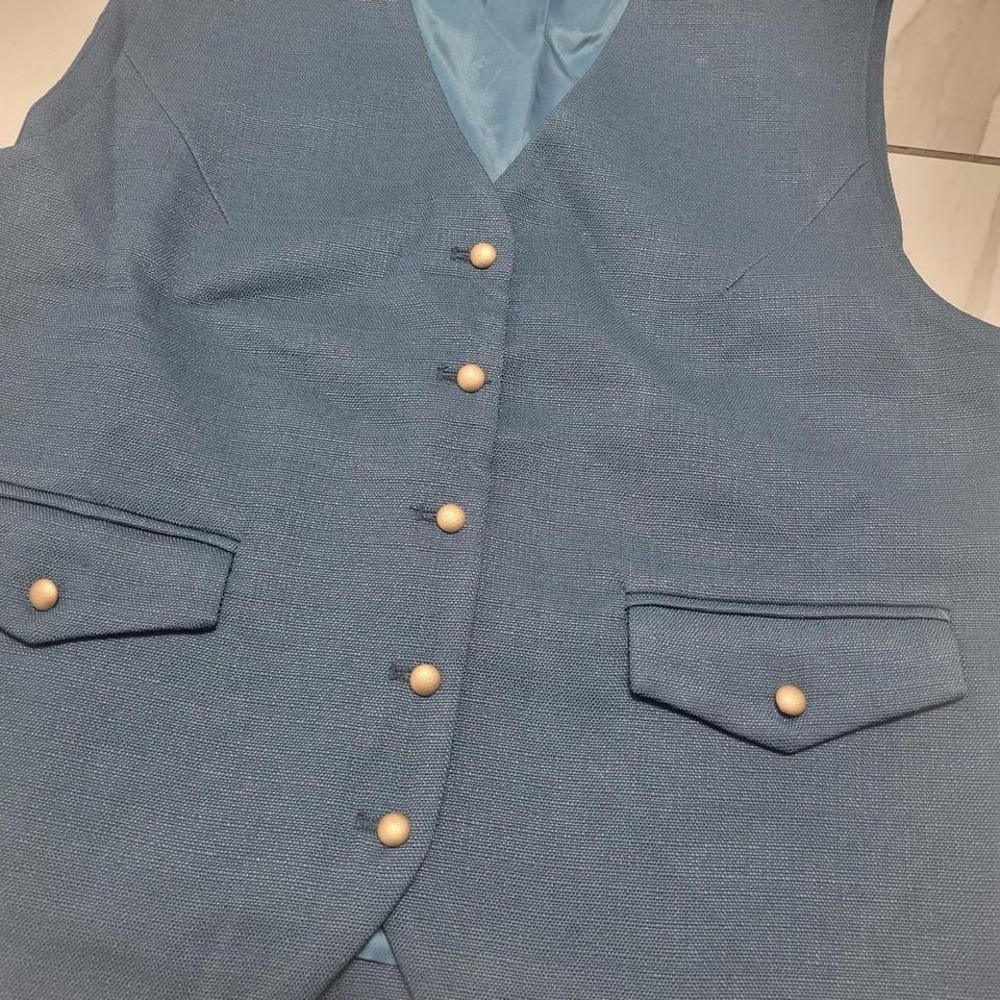Teal blue lined vest with gold buttons L - Picture 2 of 5